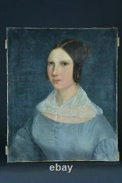 Tableau Ancien élégant Portrait Jeune femme Romantique Robe Bleu dentelle HST