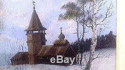 Tableau Ancien-hst- Paysage De Neige Eglise Orthodoxe Signe Ecole Russe