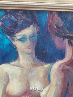 Tableau Ancien, huile Sur Toile, Nu Féminin/ Reflet Miroir Signé Dero