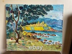 Tableau Ancien huile sur panneau ROGIER M (1976) les vieux remparts d'Antibes