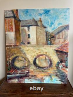 Tableau Ancien huile sur panneau VROT (début XXe) le pont st jacques à Lamballe