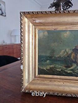 Tableau Ancien, huile sur panneau XIX ème s représentant une marine