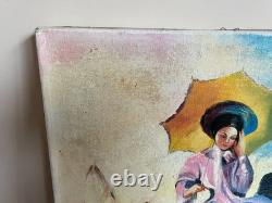 Tableau Ancien huile sur toile DEPRE (début XXe-s) femme au parasol 1971