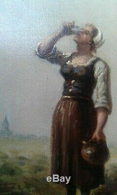 Tableau Ancien huile sur toile femme 1894 / Old painting 19 ème
