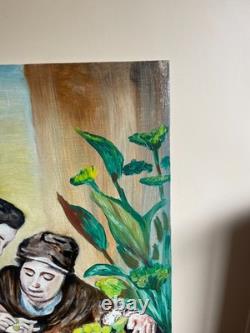 Tableau Ancien huile sur toile marouflé sur panneau R. DEBEAUMON XXe personnages