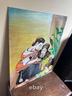 Tableau Ancien huile sur toile marouflé sur panneau R. DEBEAUMON XXe personnages