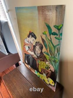 Tableau Ancien huile sur toile marouflé sur panneau R. DEBEAUMON XXe personnages