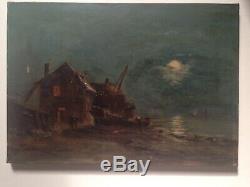 Tableau Ancien impressionniste Marine animée au Clair de lune Bretagne Huile