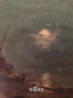 Tableau Ancien impressionniste Marine animée au Clair de lune Bretagne Huile