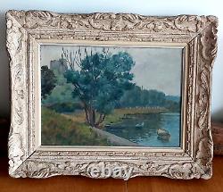Tableau Ancien peinture à l'huile Bord de Rivière La Chardonniere Layrac 1947