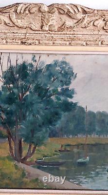 Tableau Ancien peinture à l'huile Bord de Rivière La Chardonniere Layrac 1947