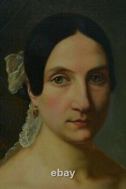 Tableau Ancien portrait Jeune femme Romantique intérieur nature morte ec. Ingres