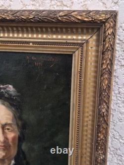 Tableau Ancien signé. Portrait de femme. Peinture huile sur toile 1898
