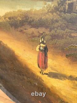 Tableau Ancien signée École Française Paysage Animées Peinture huile sur panneau