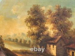 Tableau Ancien signée École Française Paysage Animées Peinture huile sur panneau