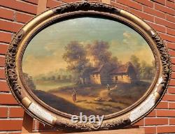 Tableau Ancien signée École Française Paysage Animées Peinture huile sur panneau