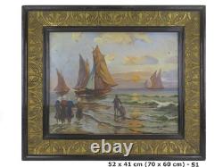 Tableau Ancienne Mer Marine Avec Bateaux Art Nouveau Début'900 Peint Huile S1