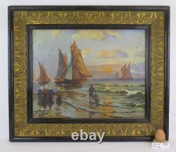 Tableau Ancienne Mer Marine Avec Bateaux Art Nouveau Début'900 Peint Huile S1