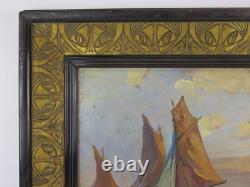 Tableau Ancienne Mer Marine Avec Bateaux Art Nouveau Début'900 Peint Huile S1