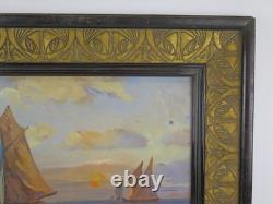 Tableau Ancienne Mer Marine Avec Bateaux Art Nouveau Début'900 Peint Huile S1