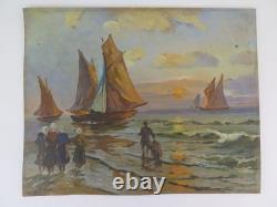 Tableau Ancienne Mer Marine Avec Bateaux Art Nouveau Début'900 Peint Huile S1