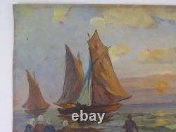Tableau Ancienne Mer Marine Avec Bateaux Art Nouveau Début'900 Peint Huile S1