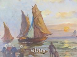Tableau Ancienne Mer Marine Avec Bateaux Art Nouveau Début'900 Peint Huile S1