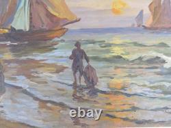 Tableau Ancienne Mer Marine Avec Bateaux Art Nouveau Début'900 Peint Huile S1
