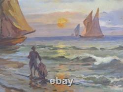 Tableau Ancienne Mer Marine Avec Bateaux Art Nouveau Début'900 Peint Huile S1