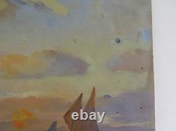 Tableau Ancienne Mer Marine Avec Bateaux Art Nouveau Début'900 Peint Huile S1