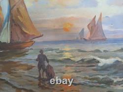 Tableau Ancienne Mer Marine Avec Bateaux Art Nouveau Début'900 Peint Huile S1