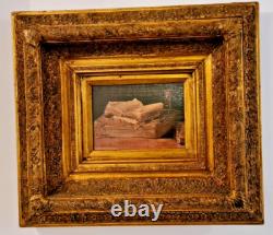Tableau, Cadre doré ancien bois/plâtre +Peinture vintage à l'huile sur toile/FR