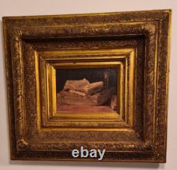 Tableau, Cadre doré ancien bois/plâtre +Peinture vintage à l'huile sur toile/FR