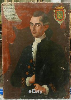 Tableau Espagnol Ancien Daté 1782 Huile Portrait Homme Blason Espagne