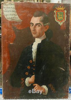Tableau Espagnol Ancien Daté 1782 Huile Portrait Homme Blason Espagne