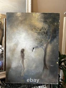 Tableau Grand Huile Sur Toile Signée Ancienne, scène contemporaine décoration
