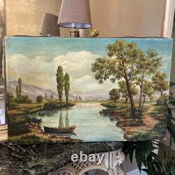 Tableau Grand Huile Sur Toile ancienne Signée paysage Fleuve décoration vintage