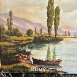 Tableau Grand Huile Sur Toile ancienne Signée paysage Fleuve décoration vintage