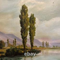 Tableau Grand Huile Sur Toile ancienne Signée paysage Fleuve décoration vintage