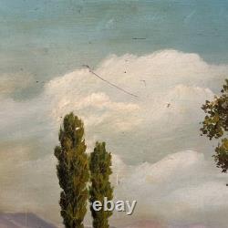 Tableau Grand Huile Sur Toile ancienne Signée paysage Fleuve décoration vintage