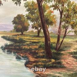 Tableau Grand Huile Sur Toile ancienne Signée paysage Fleuve décoration vintage