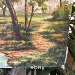 Tableau Grand Huile Sur Toile ancienne Signée paysage Fleuve décoration vintage