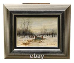 Tableau Hiver Paysage Fig. Neige Huile sur Bois Signé Cadre Ancien, Original