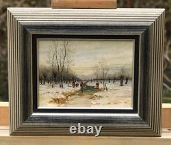 Tableau Hiver Paysage Fig. Neige Huile sur Bois Signé Cadre Ancien, Original
