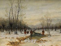 Tableau Hiver Paysage Fig. Neige Huile sur Bois Signé Cadre Ancien, Original