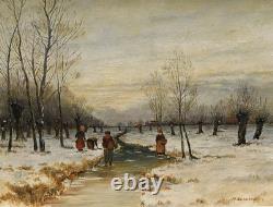 Tableau Hiver Paysage Fig. Neige Huile sur Bois Signé Cadre Ancien, Original