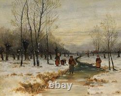 Tableau Hiver Paysage Fig. Neige Huile sur Bois Signé Cadre Ancien, Original
