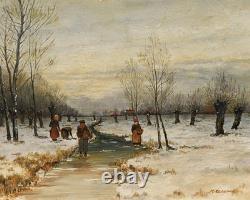 Tableau Hiver Paysage Fig. Neige Huile sur Bois Signé Cadre Ancien, Original