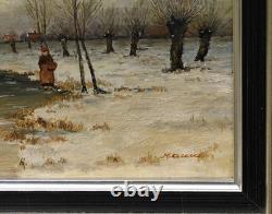 Tableau Hiver Paysage Fig. Neige Huile sur Bois Signé Cadre Ancien, Original