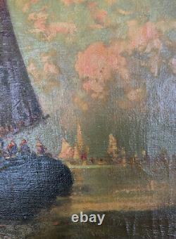 Tableau Huile Sur Toile Ancien Venise Vue Maritime Au Crepuscule